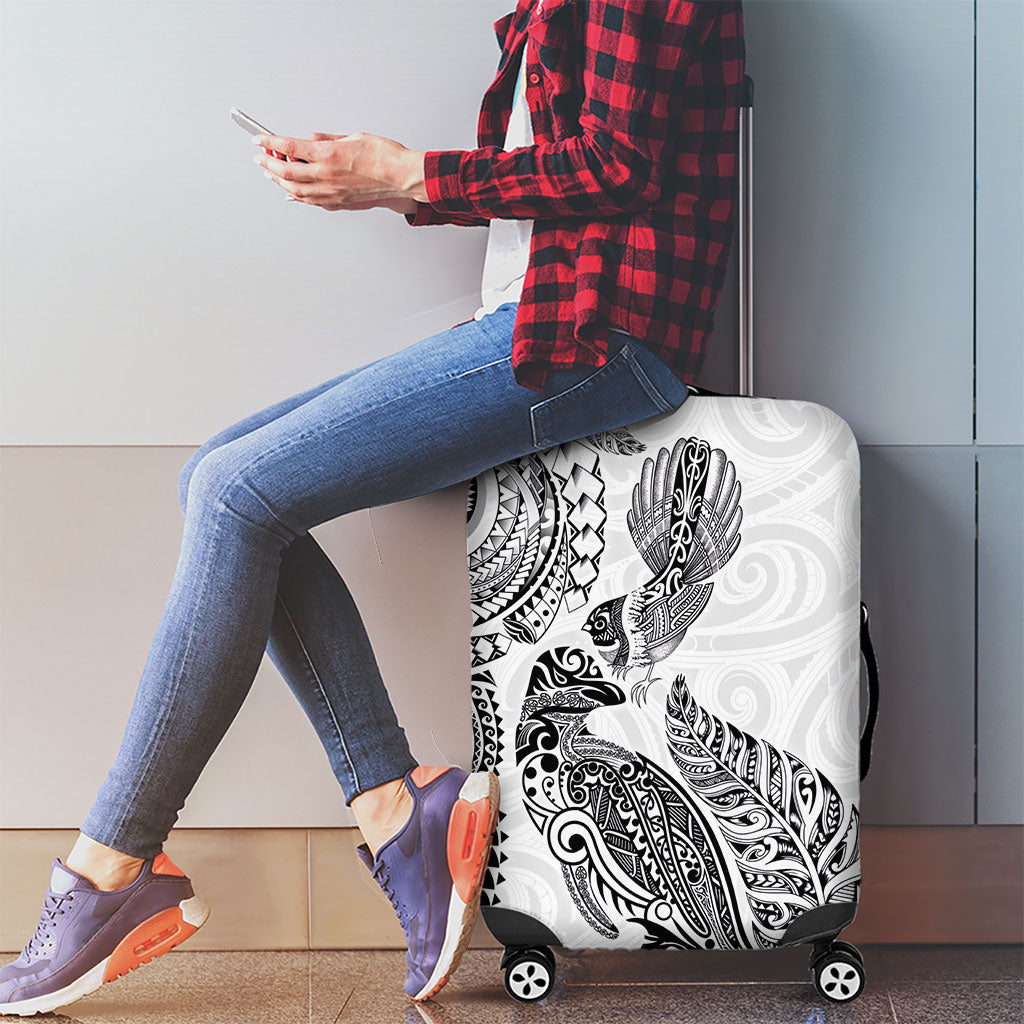 Aotearoa Moko Tribal Tattoo Luggage Cover New Zealand Maori Penguin and Fantail White Color LT03 - Polynesian Pride