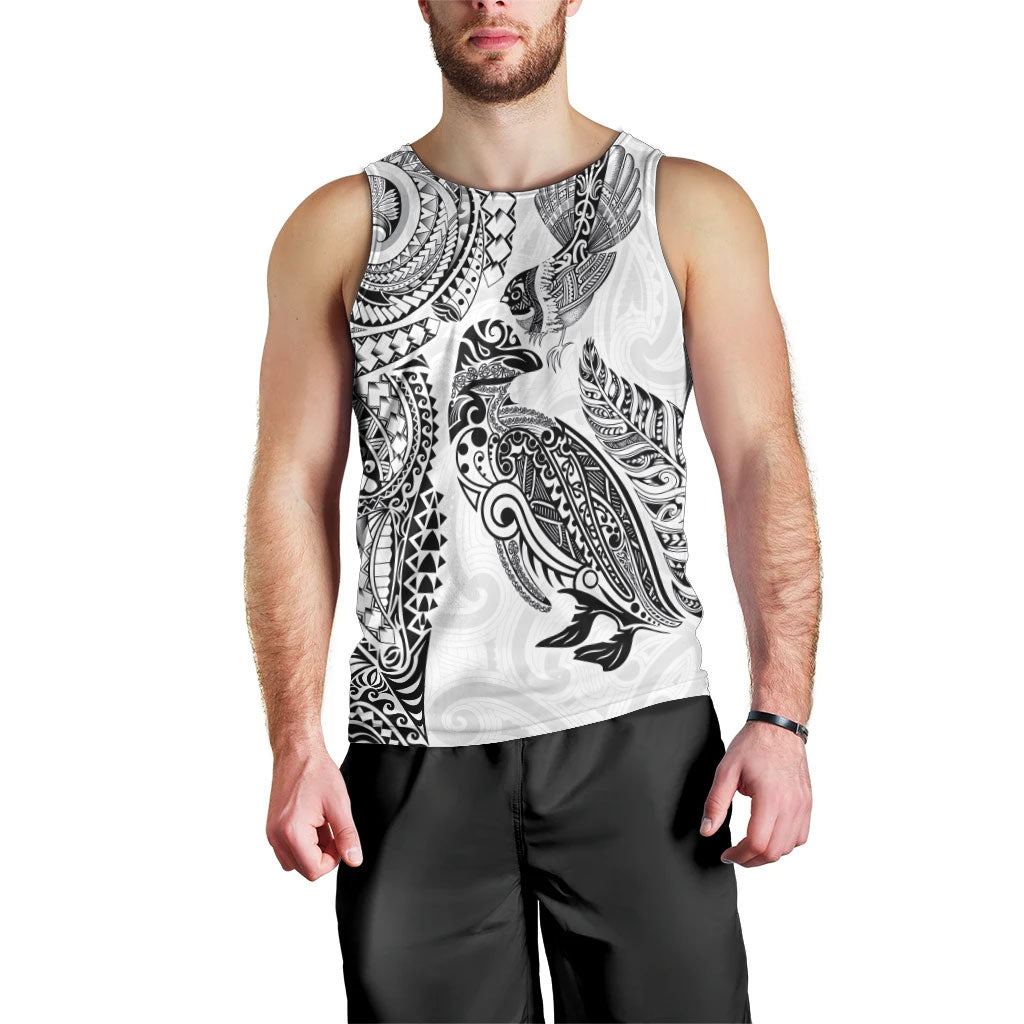 Aotearoa Moko Tribal Tattoo Men Tank Top New Zealand Maori Penguin and Fantail White Color