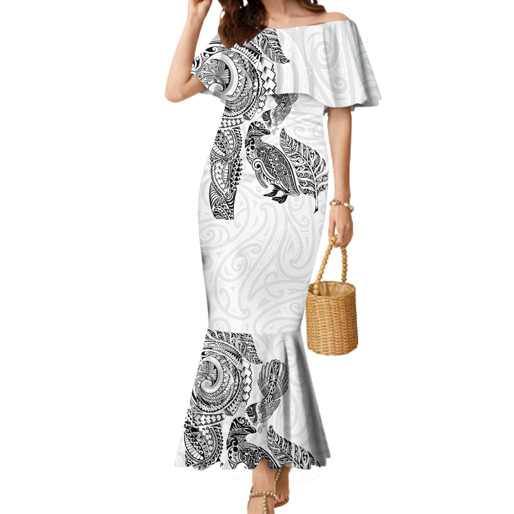 Aotearoa Moko Tribal Tattoo Mermaid Dress New Zealand Maori Penguin and Fantail White Color