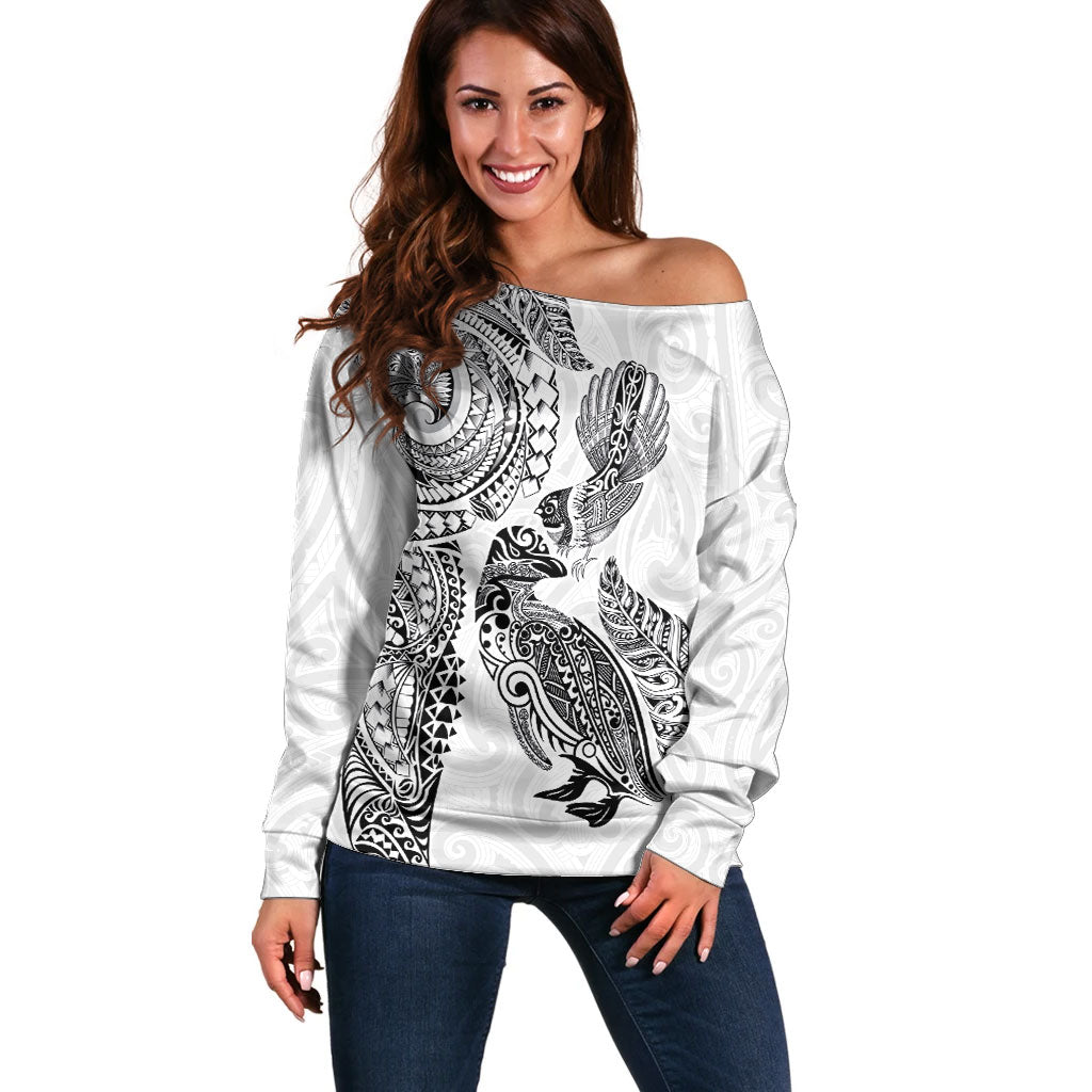 Aotearoa Moko Tribal Tattoo Off Shoulder Sweater New Zealand Maori Penguin and Fantail White Color