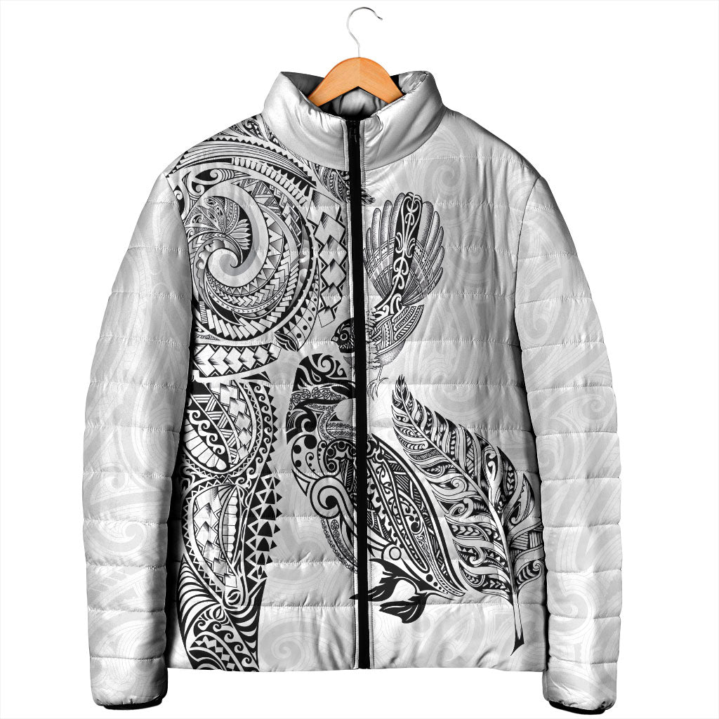 Aotearoa Moko Tribal Tattoo Padded Jacket New Zealand Maori Penguin and Fantail White Color