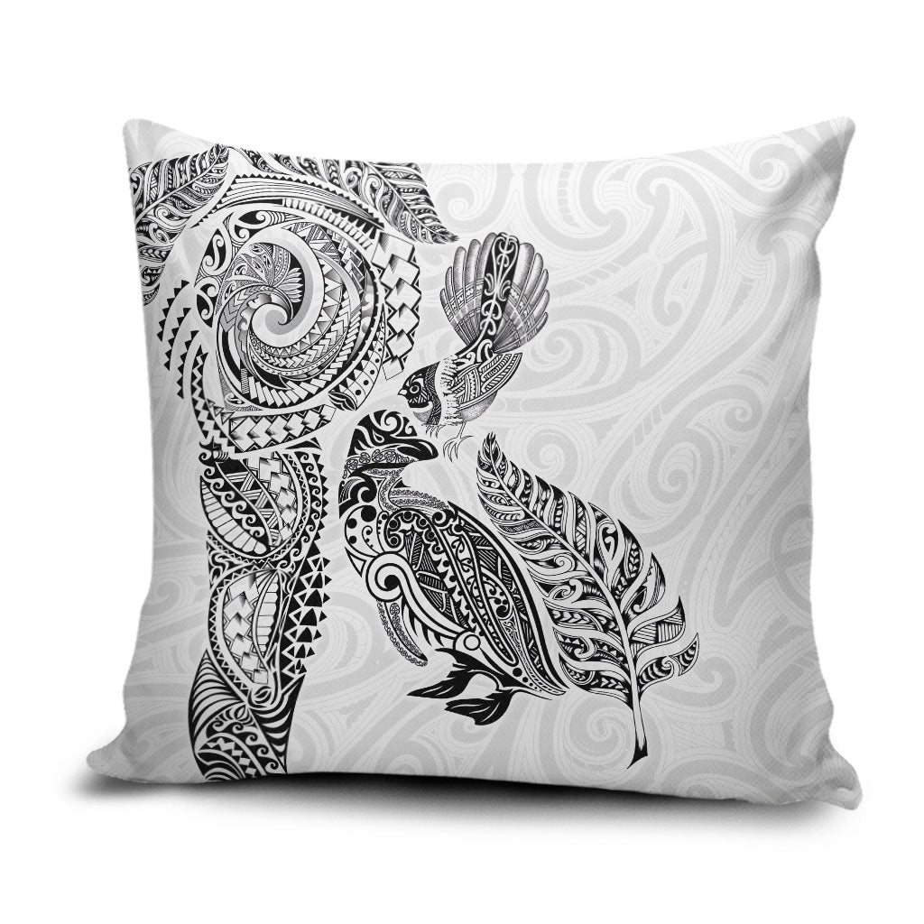 Aotearoa Moko Tribal Tattoo Pillow Cover New Zealand Maori Penguin and Fantail White Color