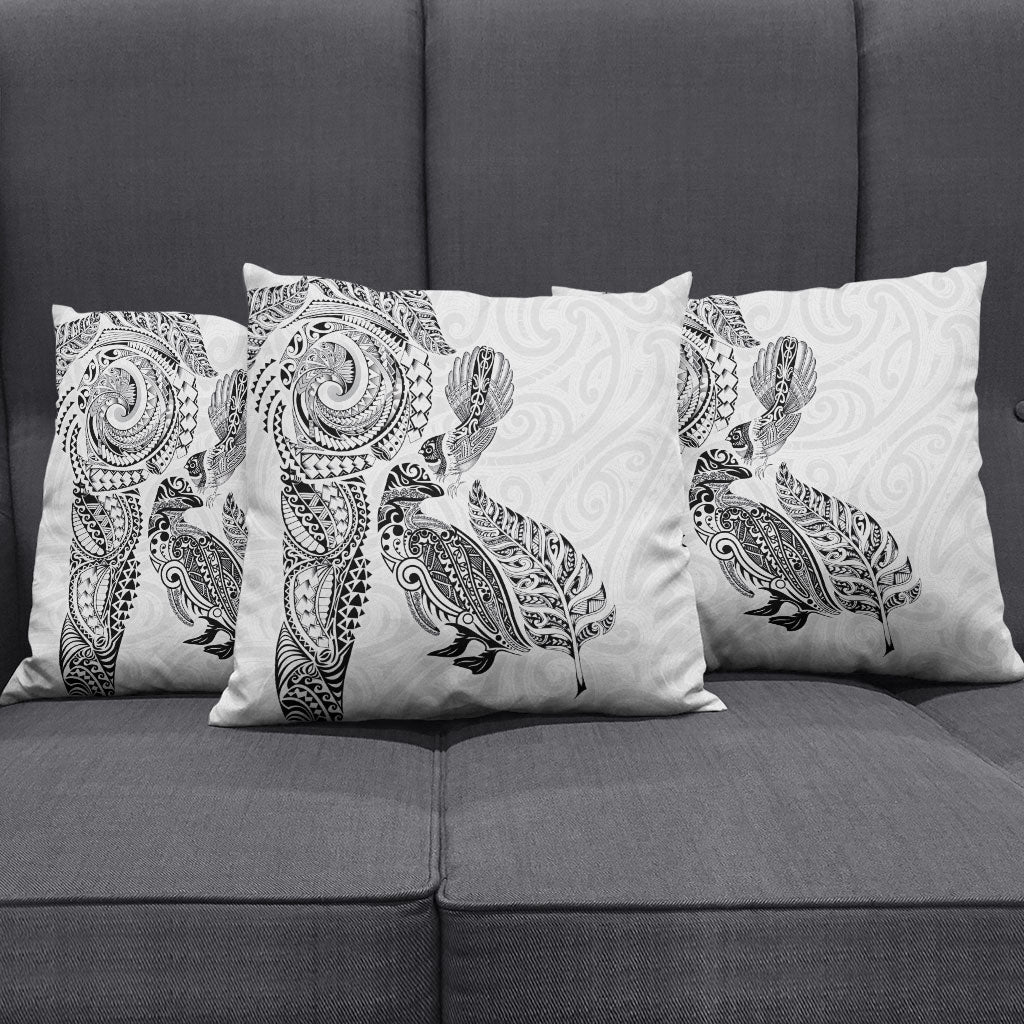 Aotearoa Moko Tribal Tattoo Pillow Cover New Zealand Maori Penguin and Fantail White Color