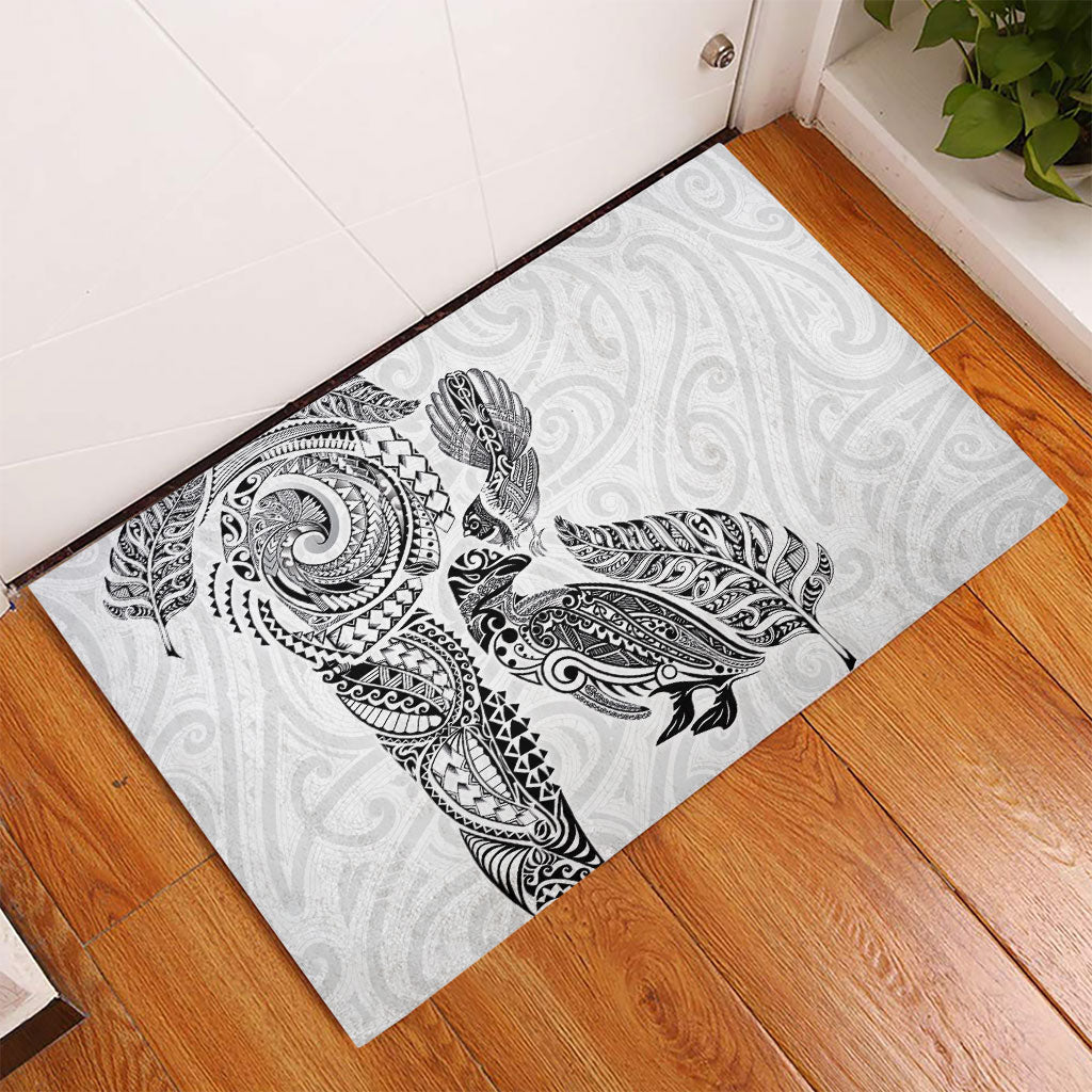 Aotearoa Moko Tribal Tattoo Rubber Doormat New Zealand Maori Penguin and Fantail White Color