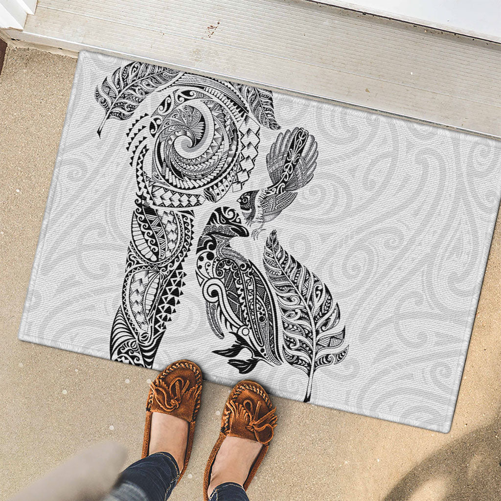Aotearoa Moko Tribal Tattoo Rubber Doormat New Zealand Maori Penguin and Fantail White Color