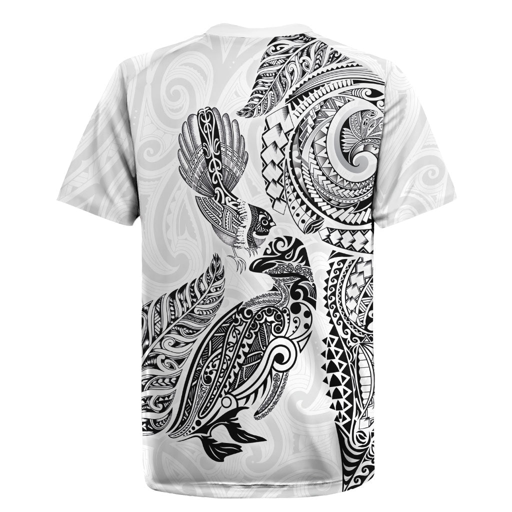 Aotearoa Moko Tribal Tattoo Rugby Jersey New Zealand Maori Penguin and Fantail White Color