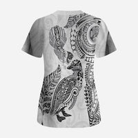 Aotearoa Moko Tribal Tattoo Scrub Top New Zealand Maori Penguin and Fantail White Color