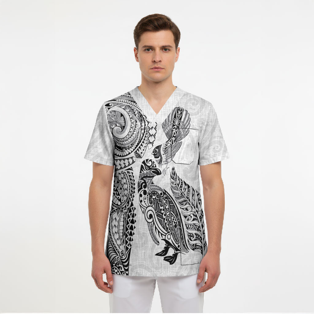 Aotearoa Moko Tribal Tattoo Scrub Top New Zealand Maori Penguin and Fantail White Color