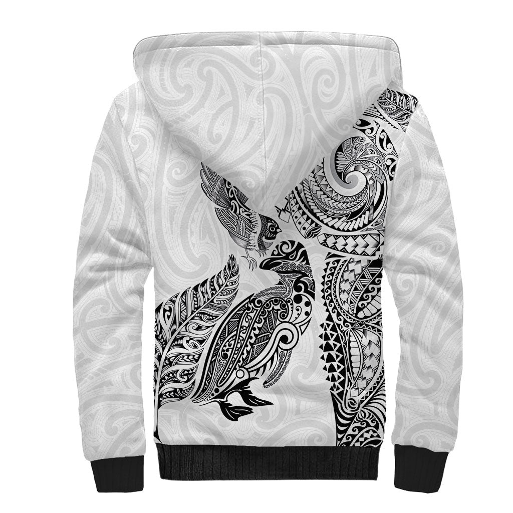 Aotearoa Moko Tribal Tattoo Sherpa Hoodie New Zealand Maori Penguin and Fantail White Color