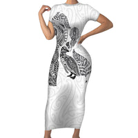 Aotearoa Moko Tribal Tattoo Short Sleeve Bodycon Dress New Zealand Maori Penguin and Fantail White Color