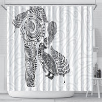 Aotearoa Moko Tribal Tattoo Shower Curtain New Zealand Maori Penguin and Fantail White Color
