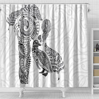 Aotearoa Moko Tribal Tattoo Shower Curtain New Zealand Maori Penguin and Fantail White Color