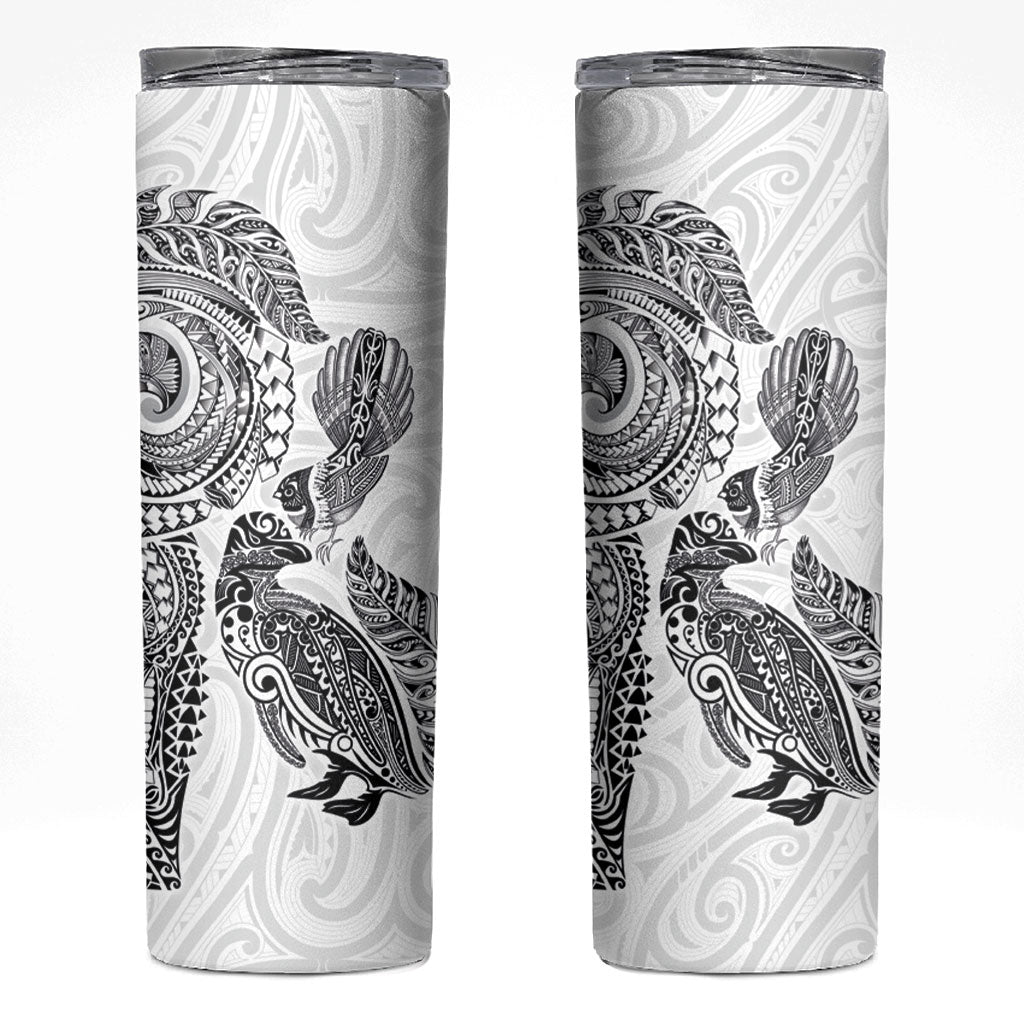 Aotearoa Moko Tribal Tattoo Skinny Tumbler New Zealand Maori Penguin and Fantail White Color