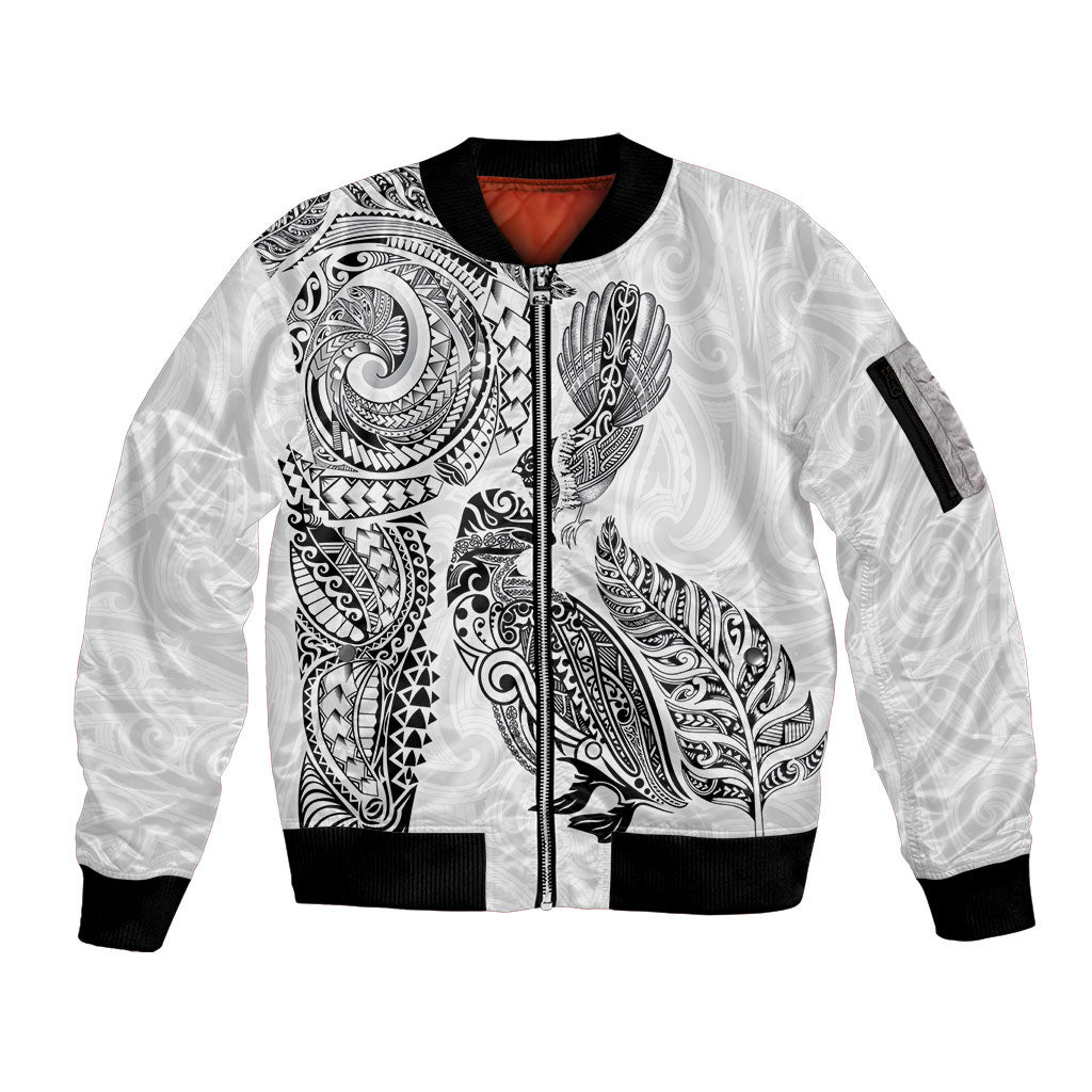 Aotearoa Moko Tribal Tattoo Sleeve Zip Bomber Jacket New Zealand Maori Penguin and Fantail White Color