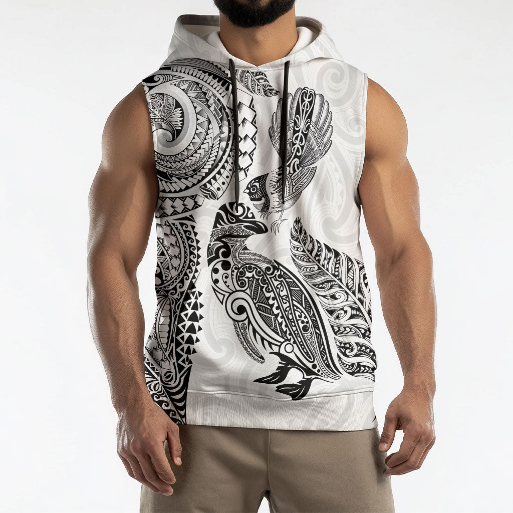 Aotearoa Moko Tribal Tattoo Sleeveless Hoodie New Zealand Maori Penguin and Fantail White Color