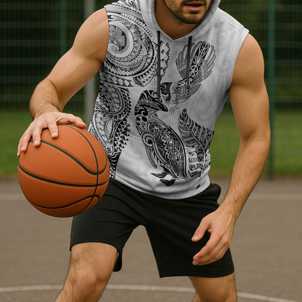 Aotearoa Moko Tribal Tattoo Sleeveless Hoodie New Zealand Maori Penguin and Fantail White Color