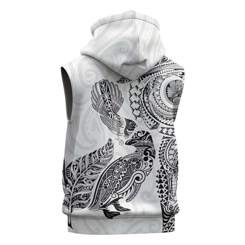 Aotearoa Moko Tribal Tattoo Sleeveless Zip Hoodie New Zealand Maori Penguin and Fantail White Color