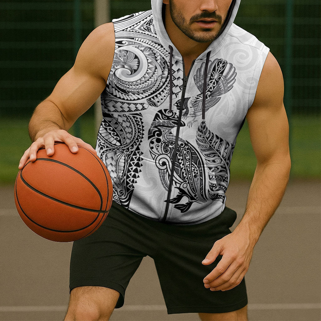 Aotearoa Moko Tribal Tattoo Sleeveless Zip Hoodie New Zealand Maori Penguin and Fantail White Color