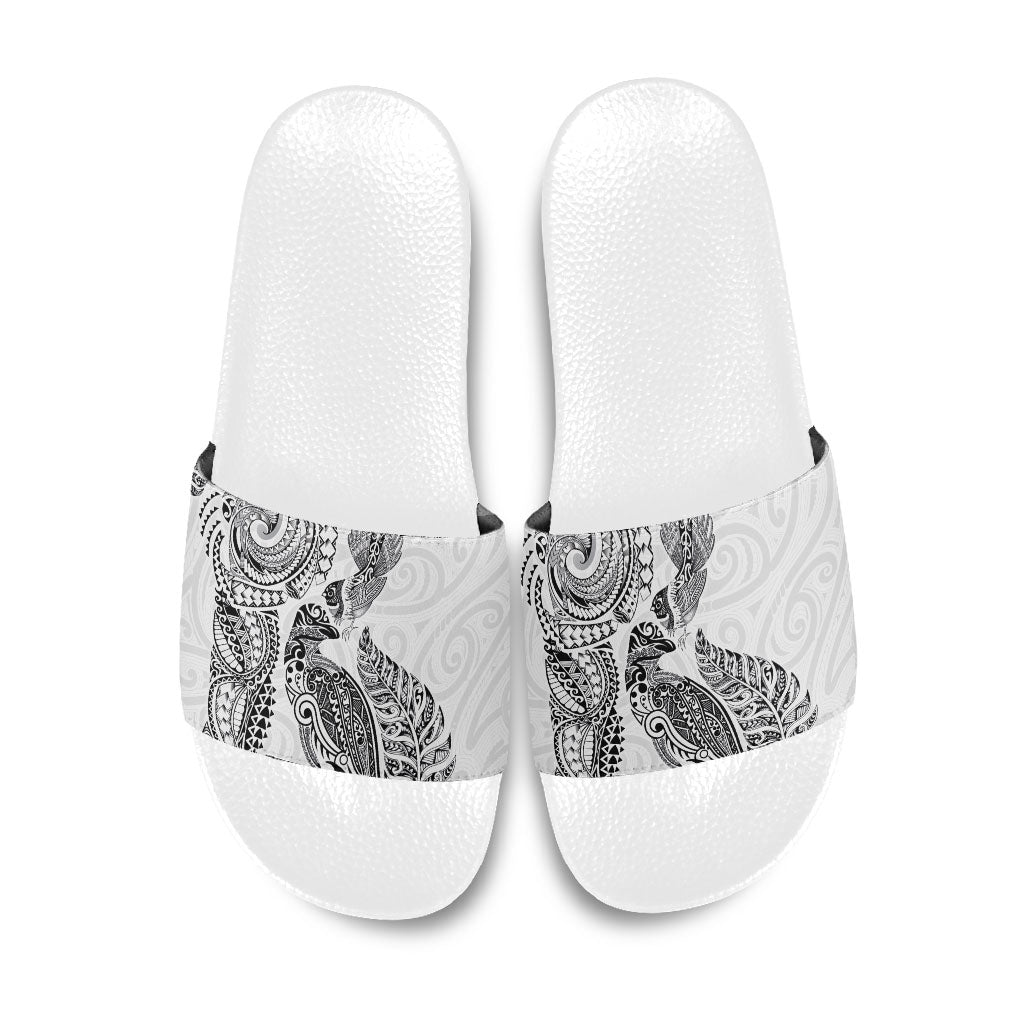 Aotearoa Moko Tribal Tattoo Slide Sandals New Zealand Maori Penguin and Fantail White Color