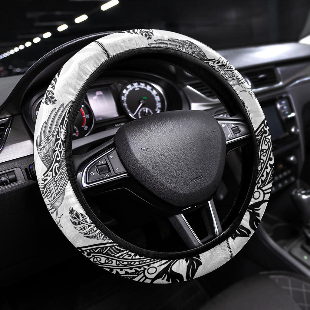 Aotearoa Moko Tribal Tattoo Steering Wheel Cover New Zealand Maori Penguin and Fantail White Color