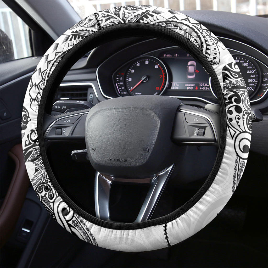 Aotearoa Moko Tribal Tattoo Steering Wheel Cover New Zealand Maori Penguin and Fantail White Color