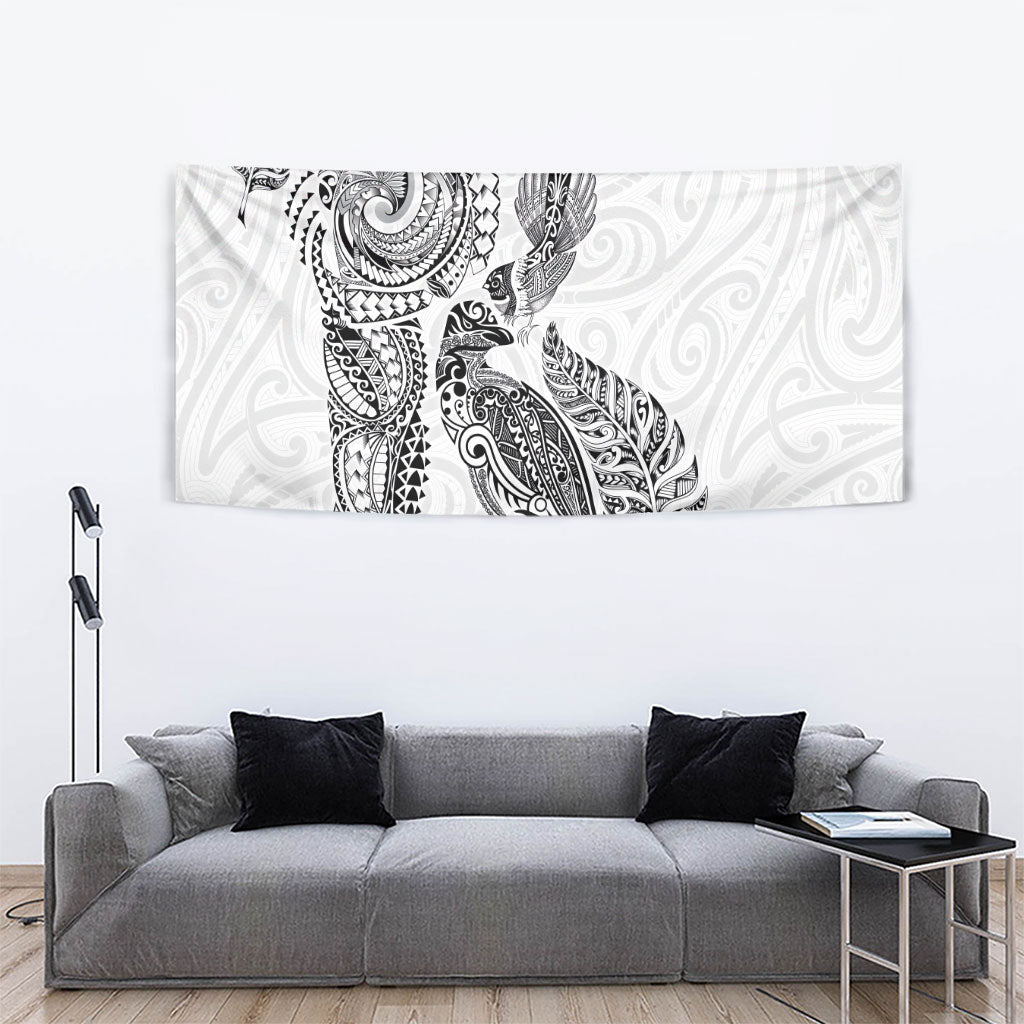 Aotearoa Moko Tribal Tattoo Tapestry New Zealand Maori Penguin and Fantail White Color