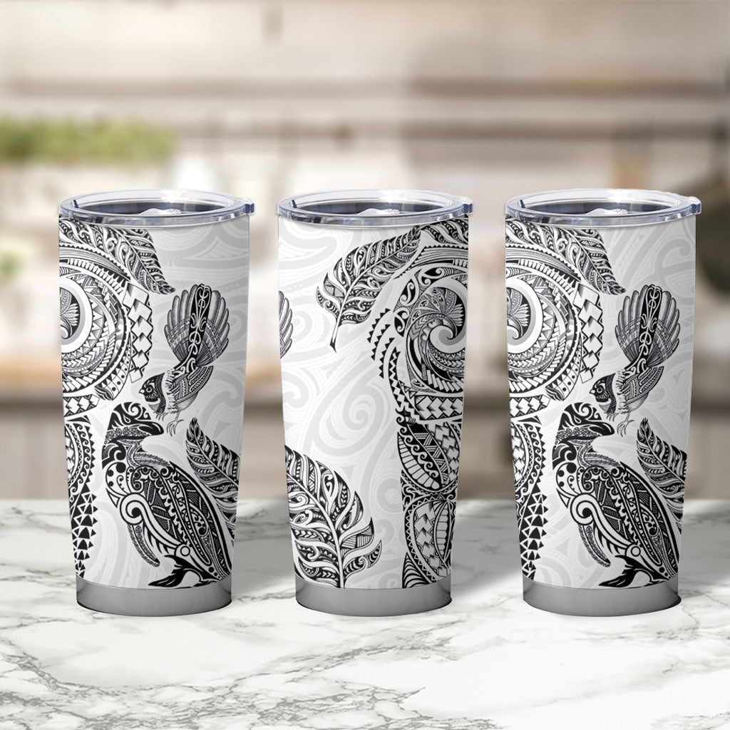 Aotearoa Moko Tribal Tattoo Tumbler Cup New Zealand Maori Penguin and Fantail White Color