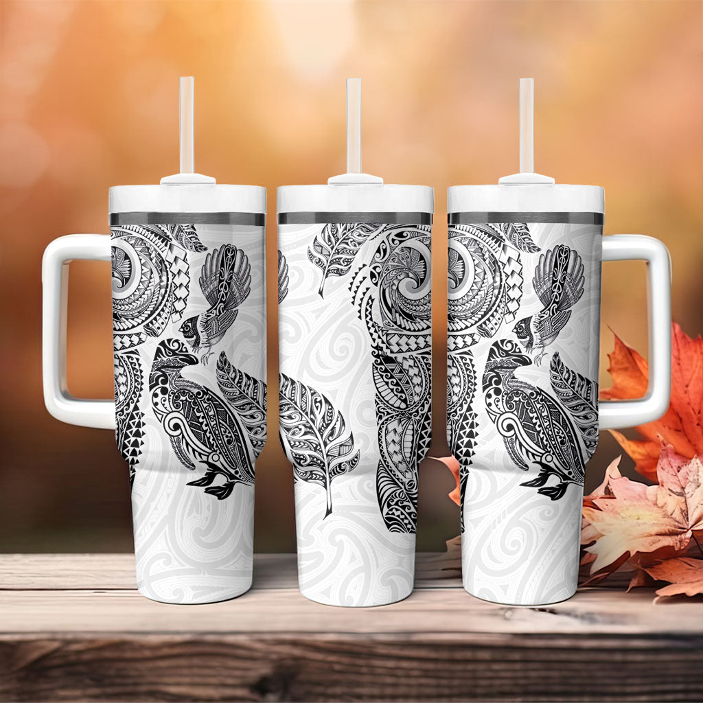 Aotearoa Moko Tribal Tattoo Tumbler With Handle New Zealand Maori Penguin and Fantail White Color