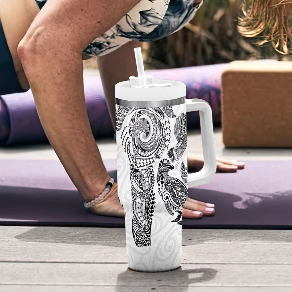 Aotearoa Moko Tribal Tattoo Tumbler With Handle New Zealand Maori Penguin and Fantail White Color