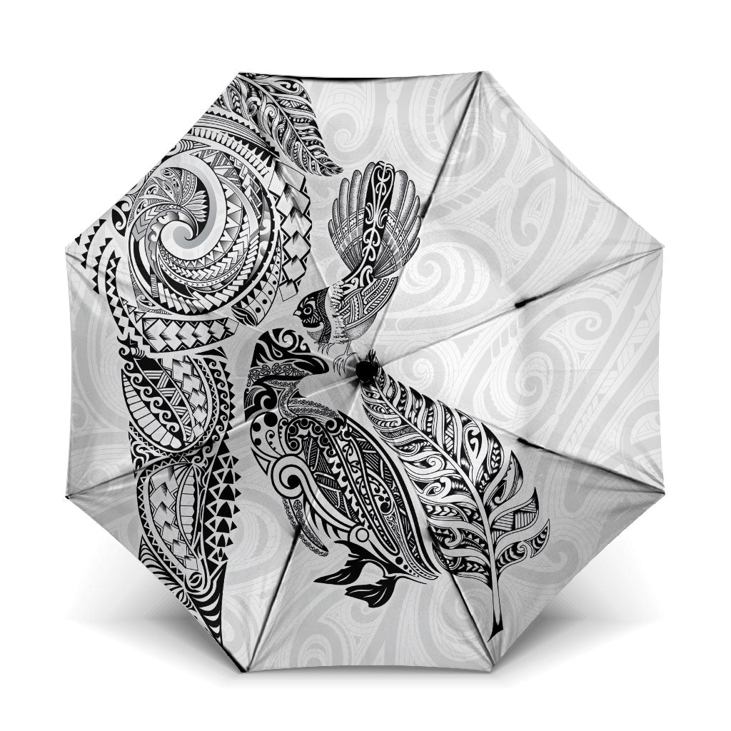 Aotearoa Moko Tribal Tattoo Umbrella New Zealand Maori Penguin and Fantail White Color