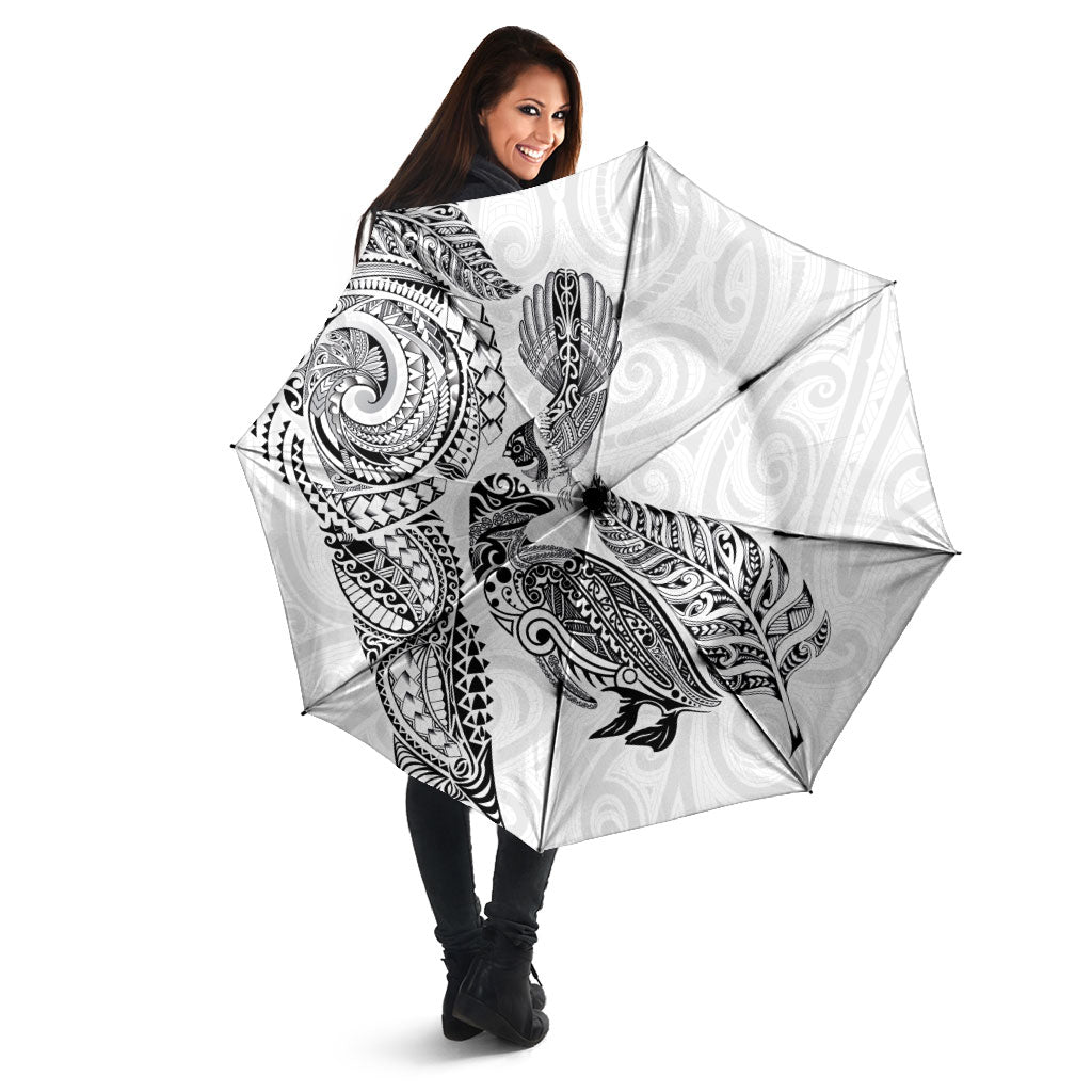 Aotearoa Moko Tribal Tattoo Umbrella New Zealand Maori Penguin and Fantail White Color