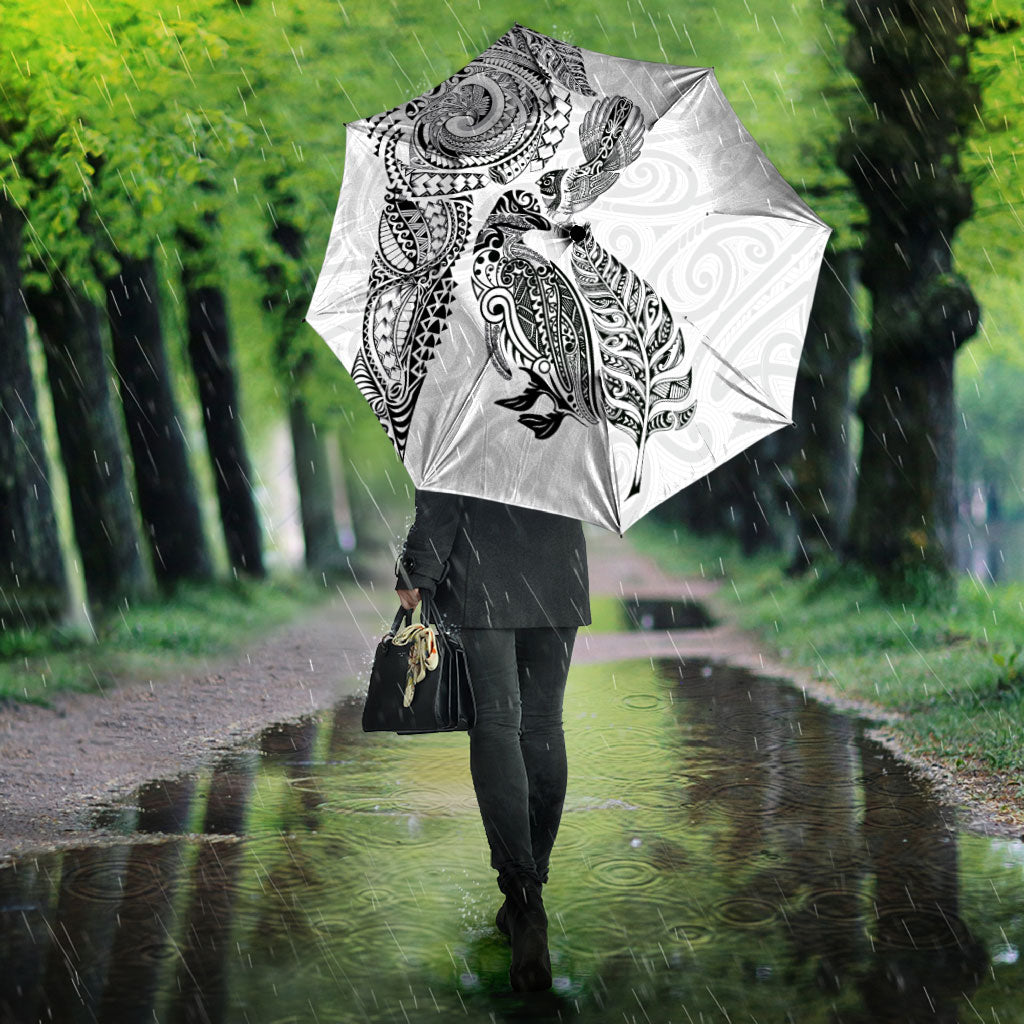 Aotearoa Moko Tribal Tattoo Umbrella New Zealand Maori Penguin and Fantail White Color