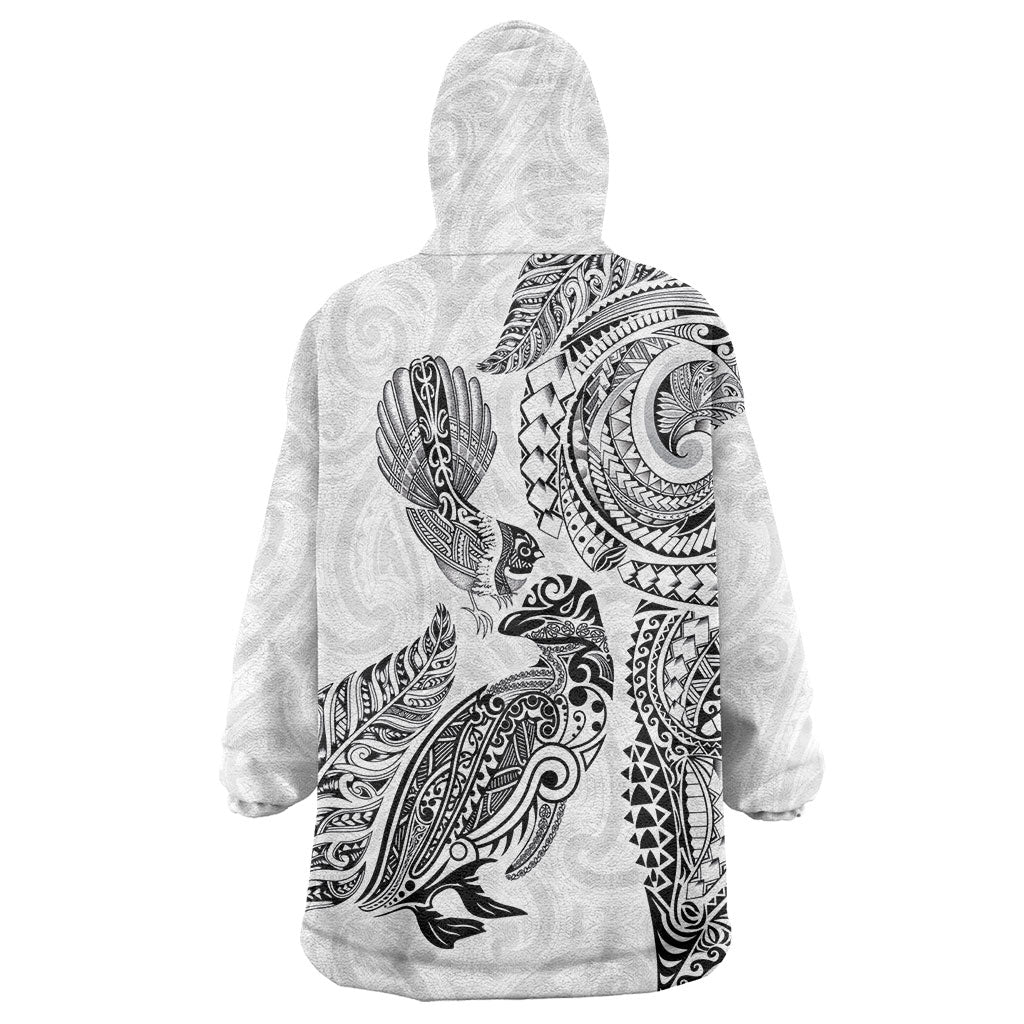 Aotearoa Moko Tribal Tattoo Wearable Blanket Hoodie New Zealand Maori Penguin and Fantail White Color