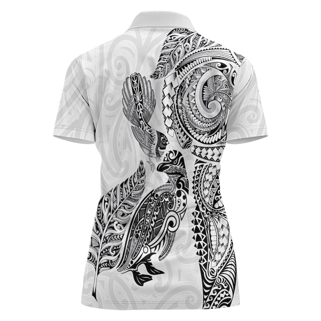 Aotearoa Moko Tribal Tattoo Women Polo Shirt New Zealand Maori Penguin and Fantail White Color LT03 - Polynesian Pride