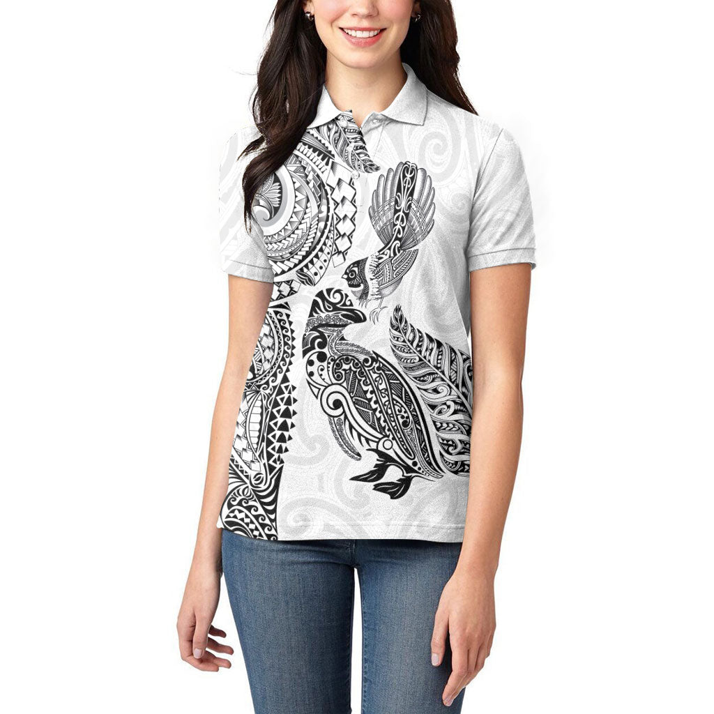Aotearoa Moko Tribal Tattoo Women Polo Shirt New Zealand Maori Penguin and Fantail White Color LT03 - Polynesian Pride