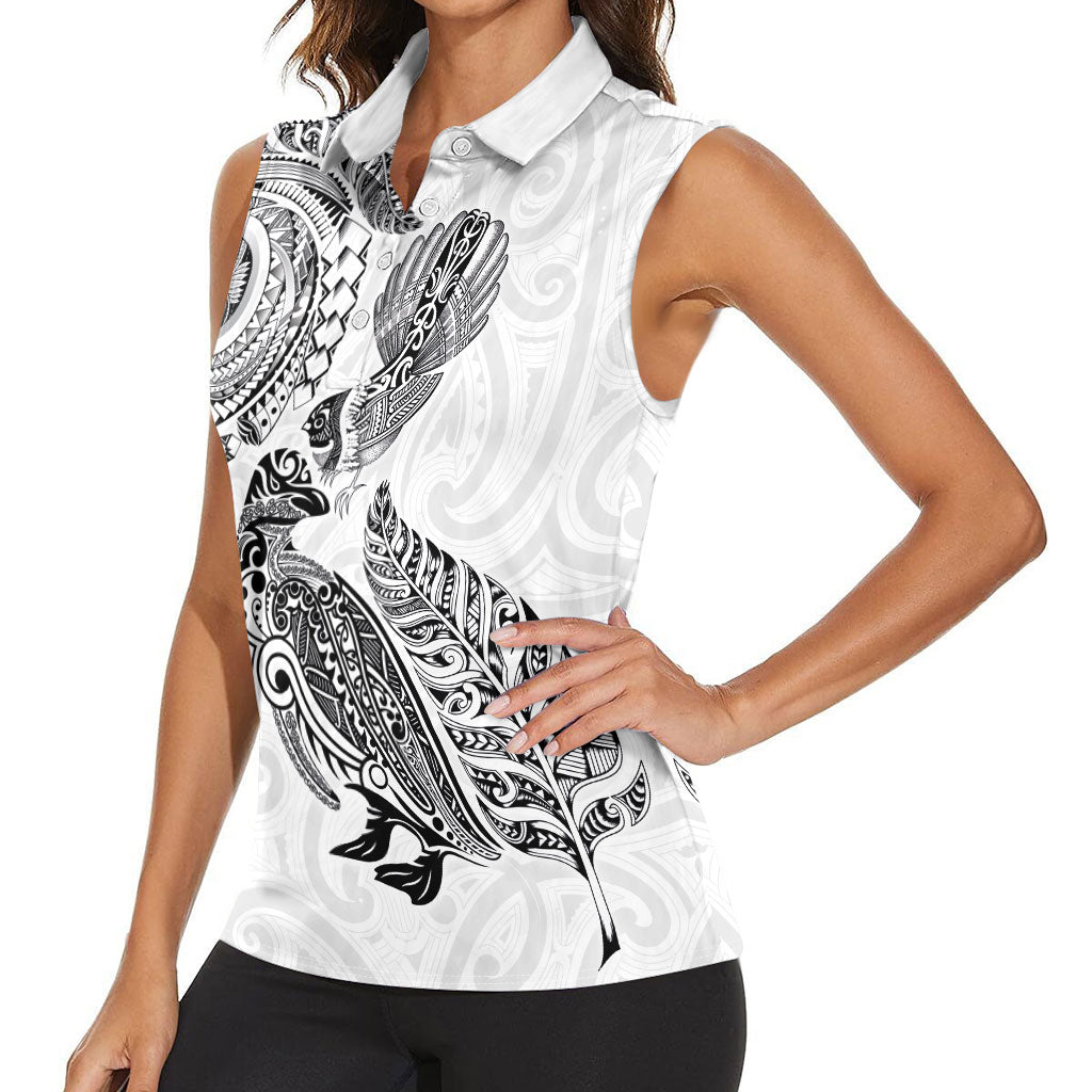 Aotearoa Moko Tribal Tattoo Women Sleeveless Polo Shirt New Zealand Maori Penguin and Fantail White Color