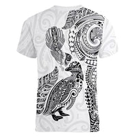 Aotearoa Moko Tribal Tattoo Women V-Neck T-Shirt New Zealand Maori Penguin and Fantail White Color