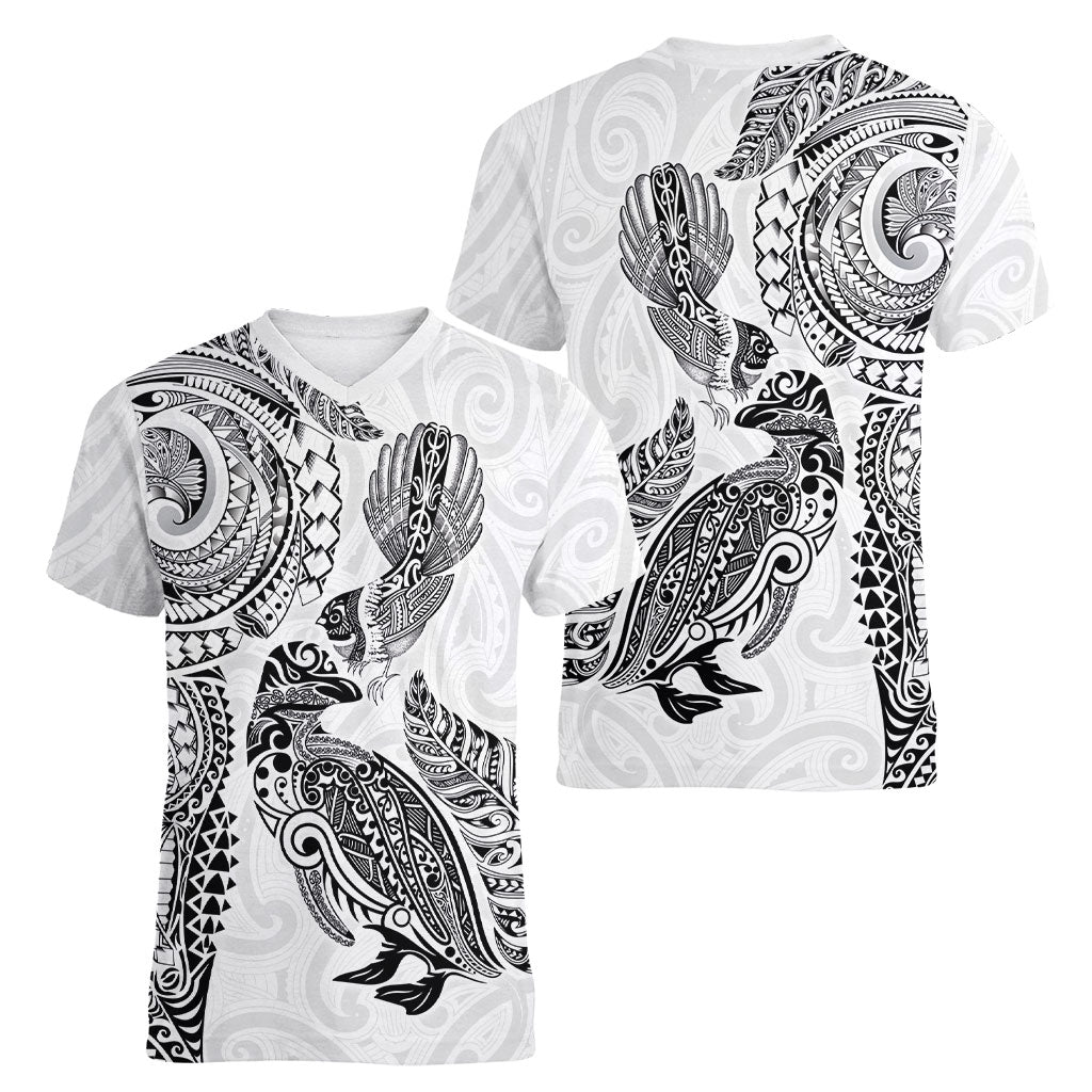 Aotearoa Moko Tribal Tattoo Women V-Neck T-Shirt New Zealand Maori Penguin and Fantail White Color