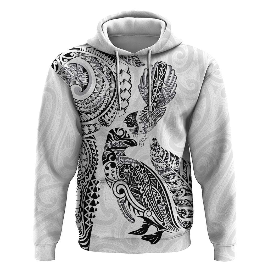 Aotearoa Moko Tribal Tattoo Zip Hoodie New Zealand Maori Penguin and Fantail White Color