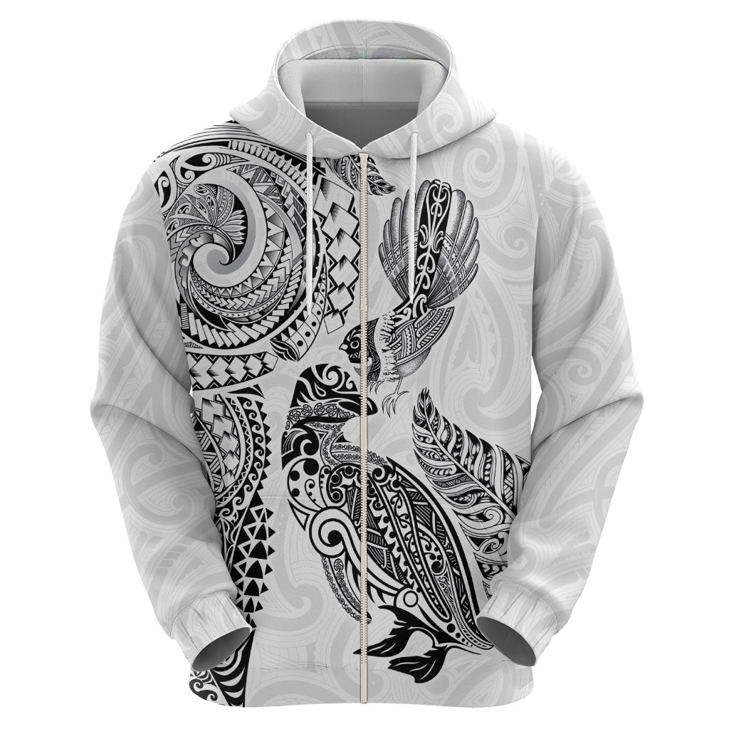 Aotearoa Moko Tribal Tattoo Zip Hoodie New Zealand Maori Penguin and Fantail White Color