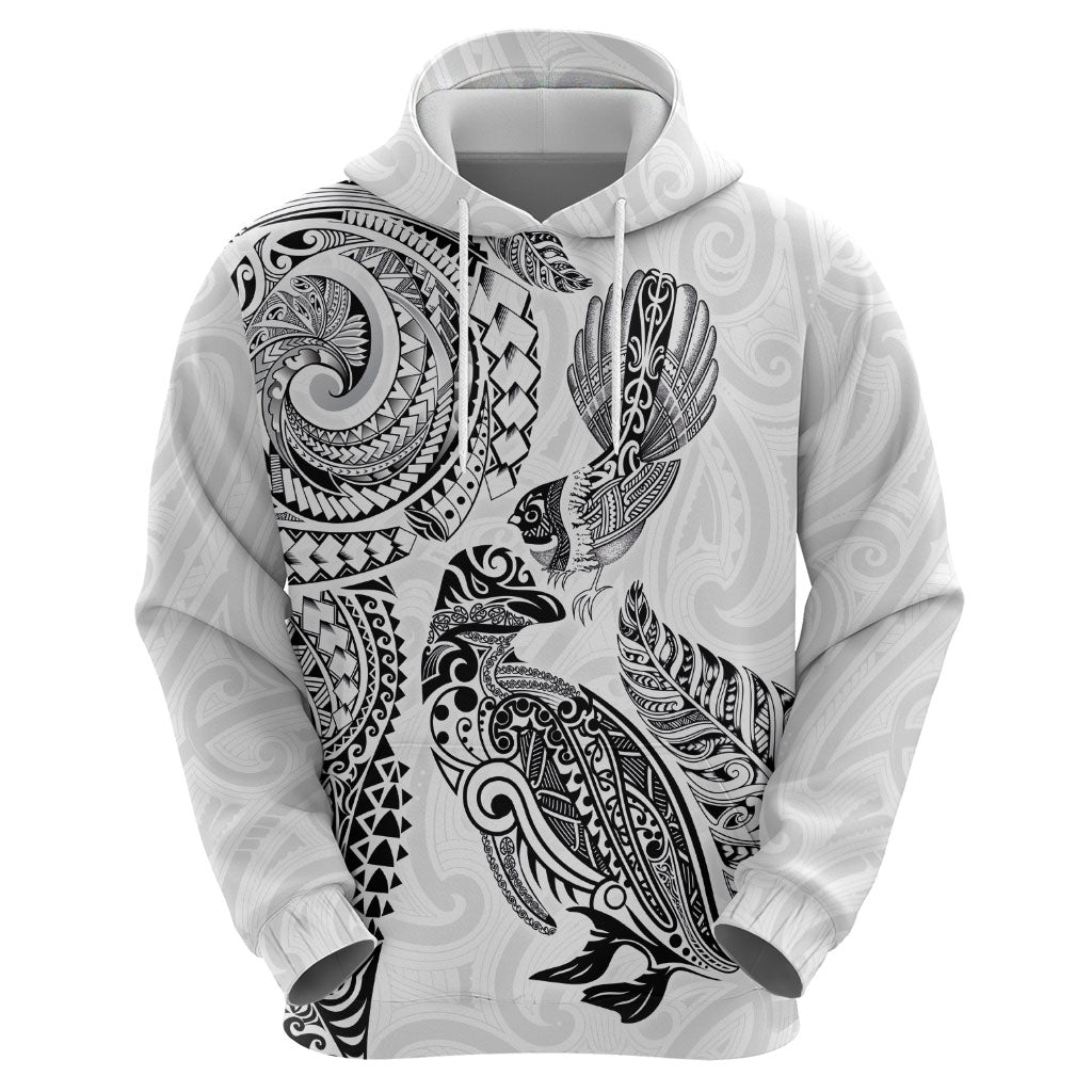 Aotearoa Moko Tribal Tattoo Zip Hoodie New Zealand Maori Penguin and Fantail White Color
