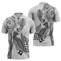 Aotearoa Moko Tribal Tattoo Zipper Polo Shirt New Zealand Maori Penguin and Fantail White Color