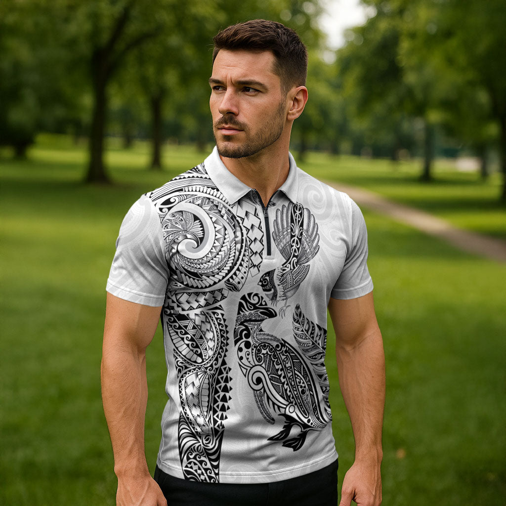 Aotearoa Moko Tribal Tattoo Zipper Polo Shirt New Zealand Maori Penguin and Fantail White Color