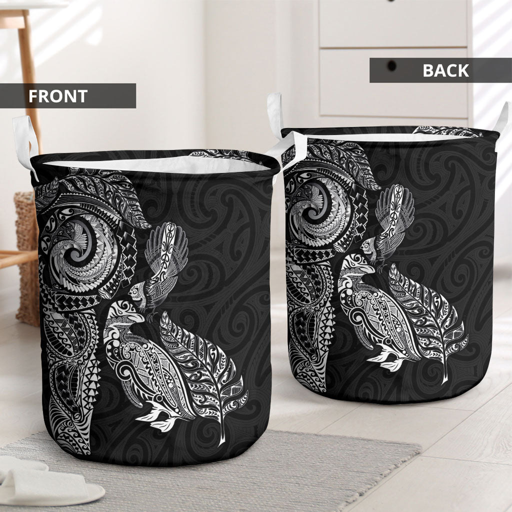 Aotearoa Moko Tribal Tattoo Laundry Basket New Zealand Maori Penguin and Fantail Black Color