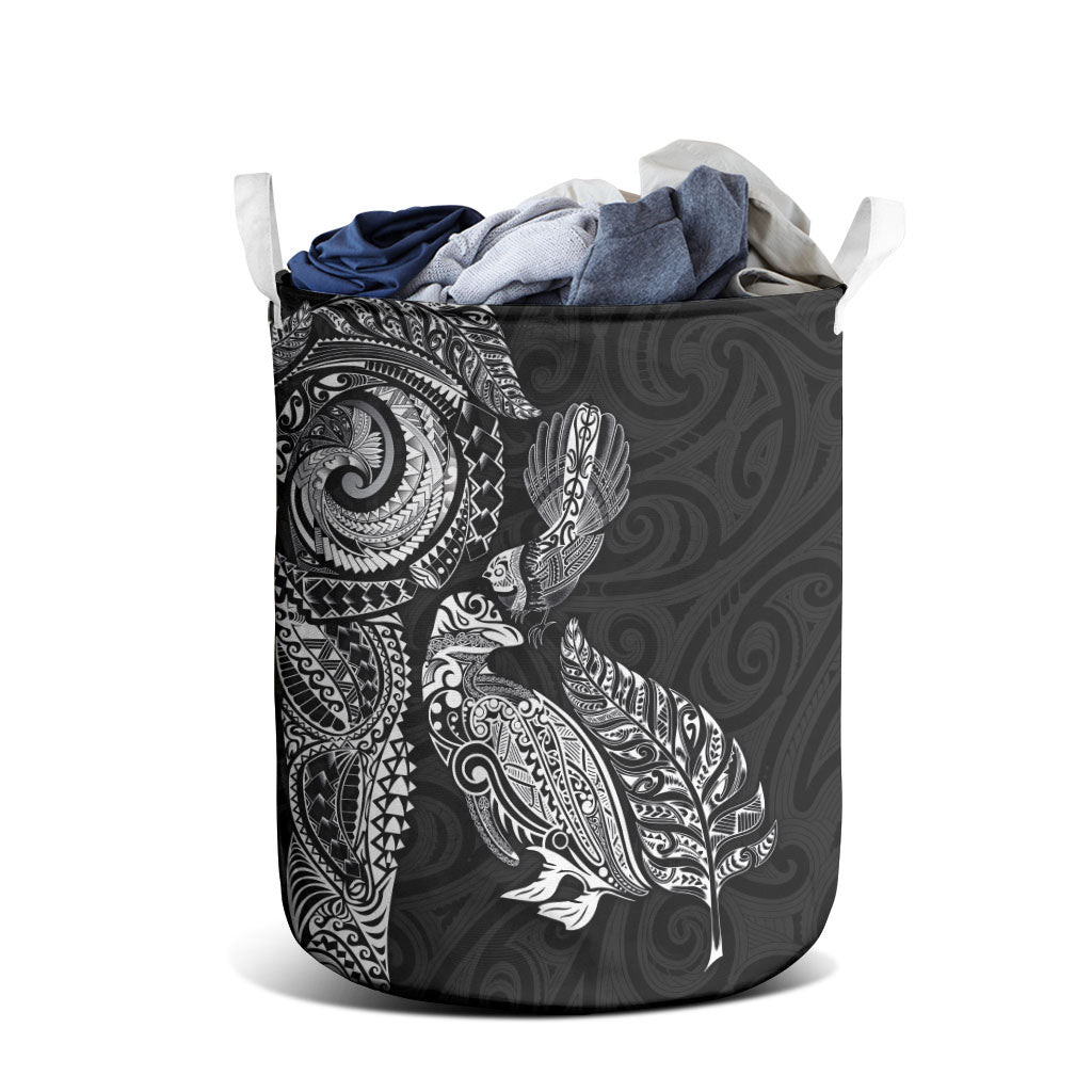 Aotearoa Moko Tribal Tattoo Laundry Basket New Zealand Maori Penguin and Fantail Black Color