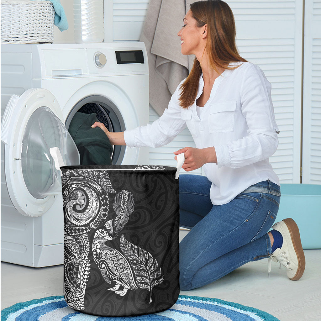 Aotearoa Moko Tribal Tattoo Laundry Basket New Zealand Maori Penguin and Fantail Black Color