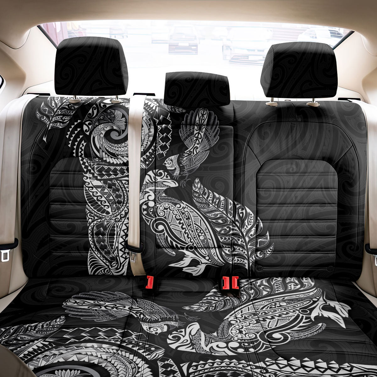 Aotearoa Moko Tribal Tattoo Back Car Seat Cover New Zealand Maori Penguin and Fantail Black Color