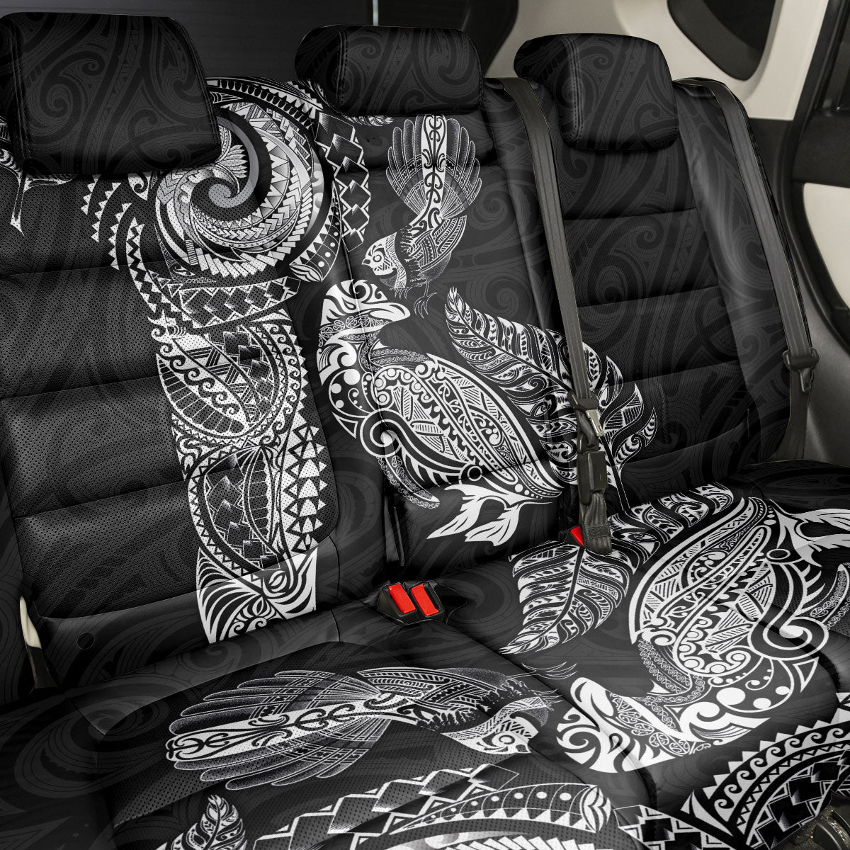Aotearoa Moko Tribal Tattoo Back Car Seat Cover New Zealand Maori Penguin and Fantail Black Color