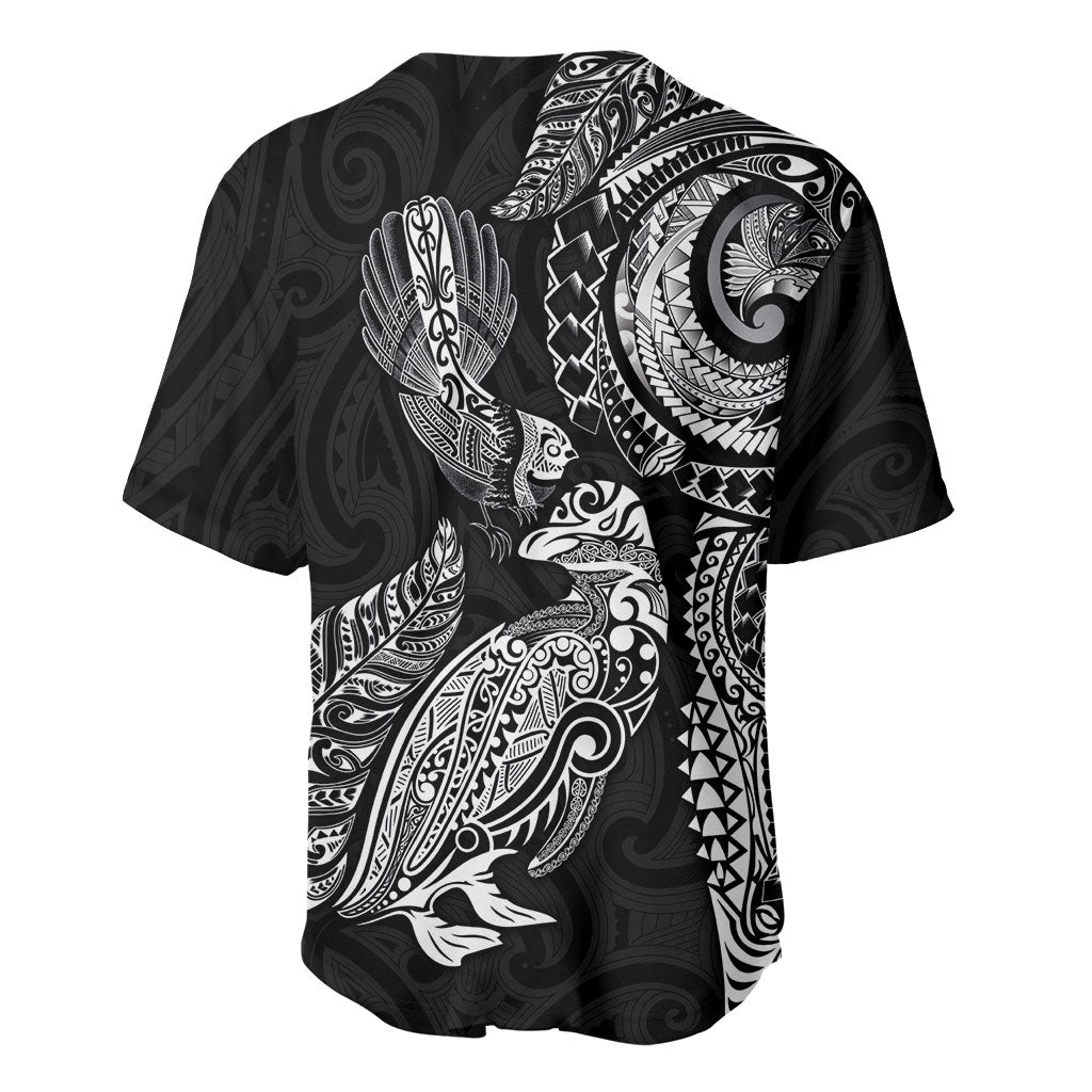 Aotearoa Moko Tribal Tattoo Baseball Jersey New Zealand Maori Penguin and Fantail Black Color