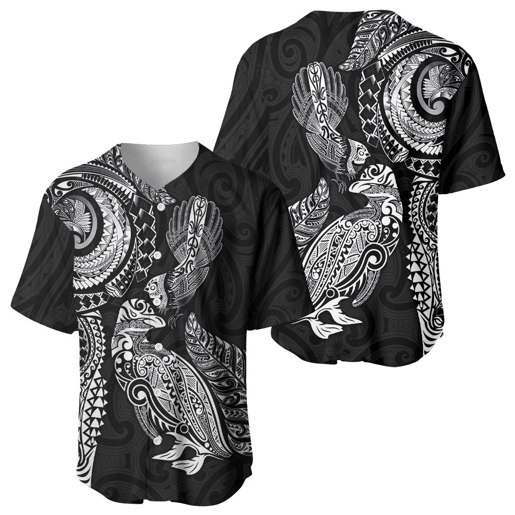 Aotearoa Moko Tribal Tattoo Baseball Jersey New Zealand Maori Penguin and Fantail Black Color